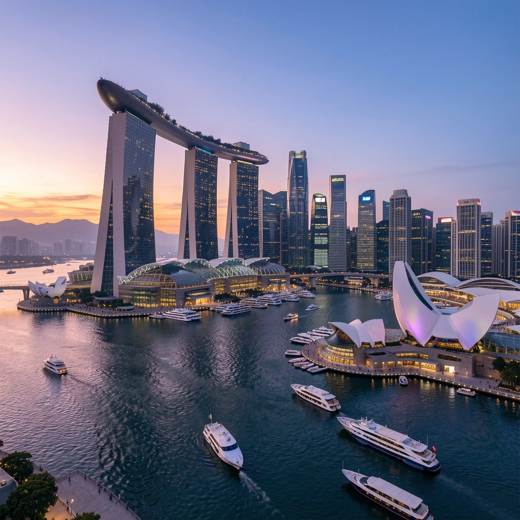 Singapore skyline and Marina Bay at dusk